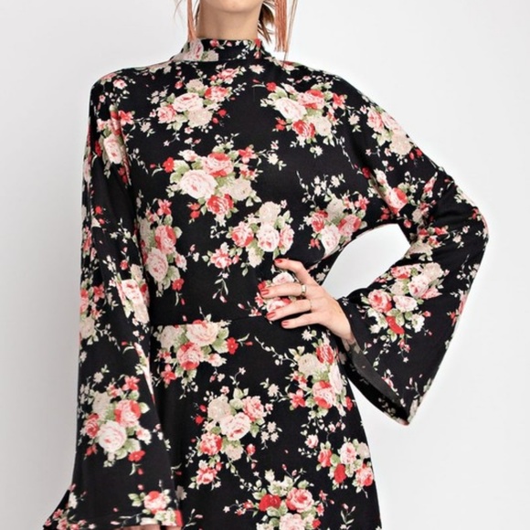 Easel Black Floral Print Mock Neck Soft Warm Dress - Picture 3 of 8